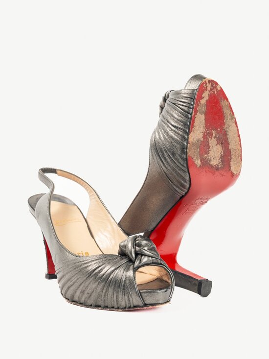 Christian Louboutin Metallic Grey Knotted Slingback Sandals - Picture 4 of 9